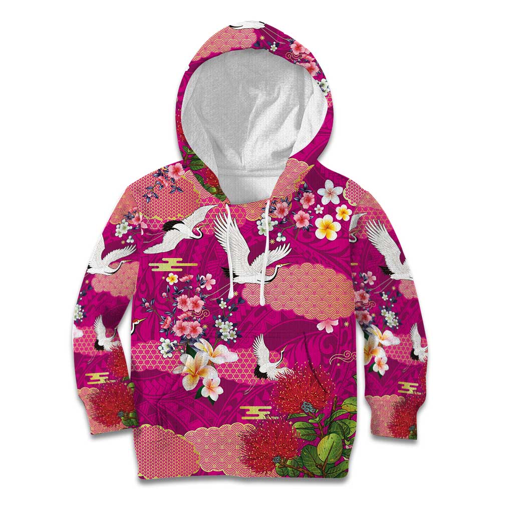 Hawaiian and Japanese Culture Together Kid Hoodie Pink Ohia Lehua Plumeria and Sakura Blooming - Polynesian Pride