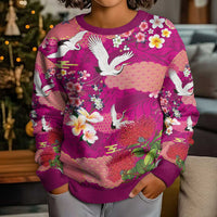 Hawaiian and Japanese Culture Together Kid Ugly Christmas Sweater Pink Ohia Lehua Plumeria and Sakura Blooming - Polynesian Pride