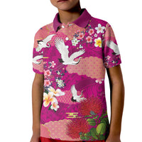 Hawaiian and Japanese Culture Together Kid Polo Shirt Pink Ohia Lehua Plumeria and Sakura Blooming - Polynesian Pride