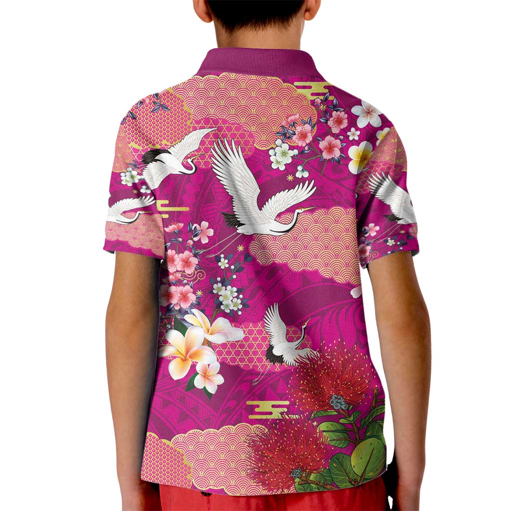 Hawaiian and Japanese Culture Together Kid Polo Shirt Pink Ohia Lehua Plumeria and Sakura Blooming - Polynesian Pride