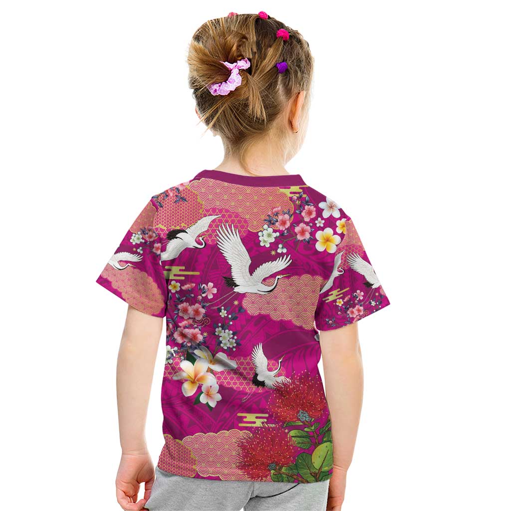 Hawaiian and Japanese Culture Together Kid T Shirt Pink Ohia Lehua Plumeria and Sakura Blooming - Polynesian Pride