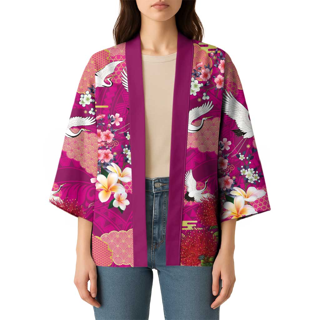 Hawaiian and Japanese Culture Together Kimono Pink Ohia Lehua Plumeria and Sakura Blooming - Polynesian Pride