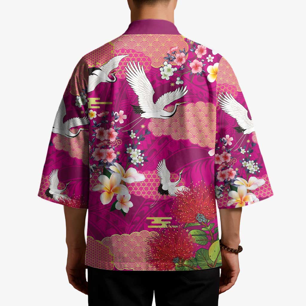 Hawaiian and Japanese Culture Together Kimono Pink Ohia Lehua Plumeria and Sakura Blooming - Polynesian Pride