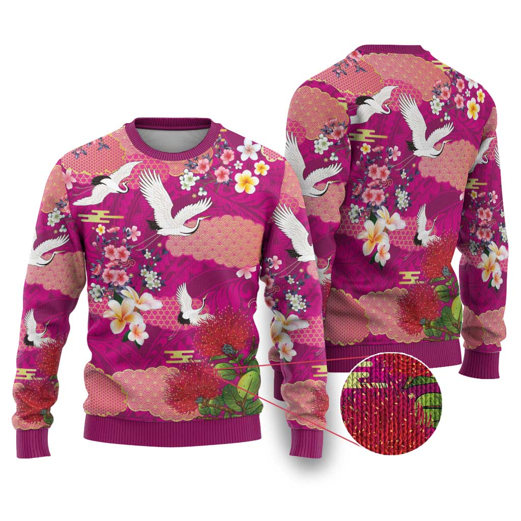 Hawaiian and Japanese Culture Together Ugly Christmas Sweater Pink Ohia Lehua Plumeria and Sakura Blooming - Polynesian Pride