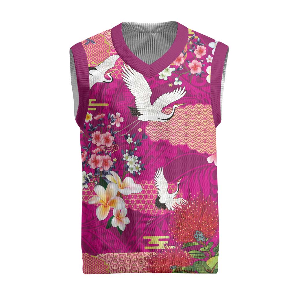 Hawaiian and Japanese Culture Together Christmas Knitted V-Neck Vest Pink Ohia Lehua Plumeria and Sakura Blooming - Polynesian Pride