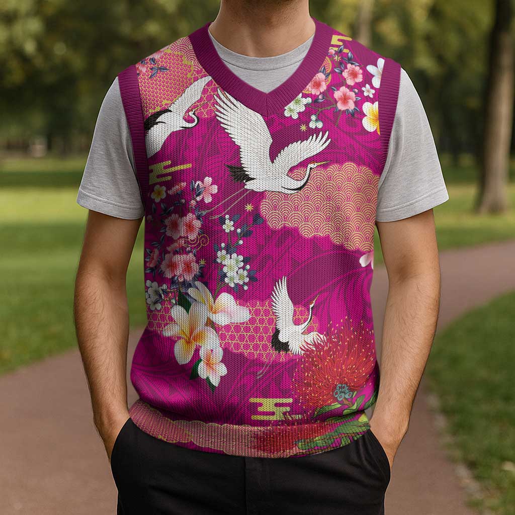 Hawaiian and Japanese Culture Together Christmas Knitted V-Neck Vest Pink Ohia Lehua Plumeria and Sakura Blooming - Polynesian Pride