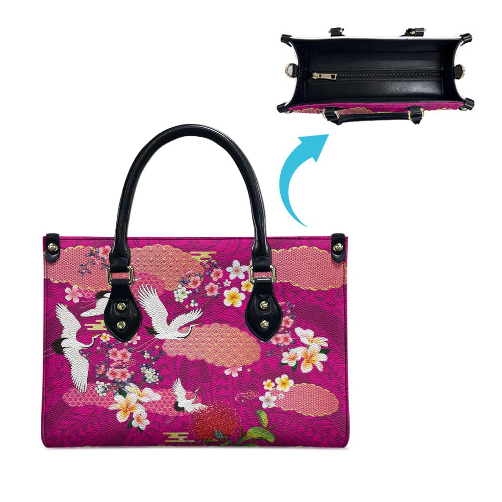 Hawaiian and Japanese Culture Together Leather Bag Pink Ohia Lehua Plumeria and Sakura Blooming - Polynesian Pride