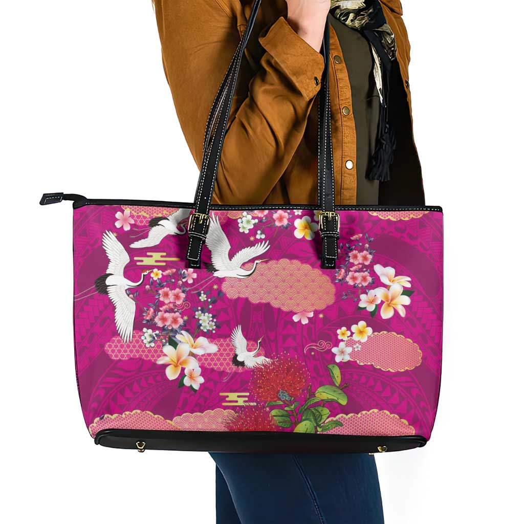 Hawaiian and Japanese Culture Together Leather Tote Bag Pink Ohia Lehua Plumeria and Sakura Blooming - Polynesian Pride