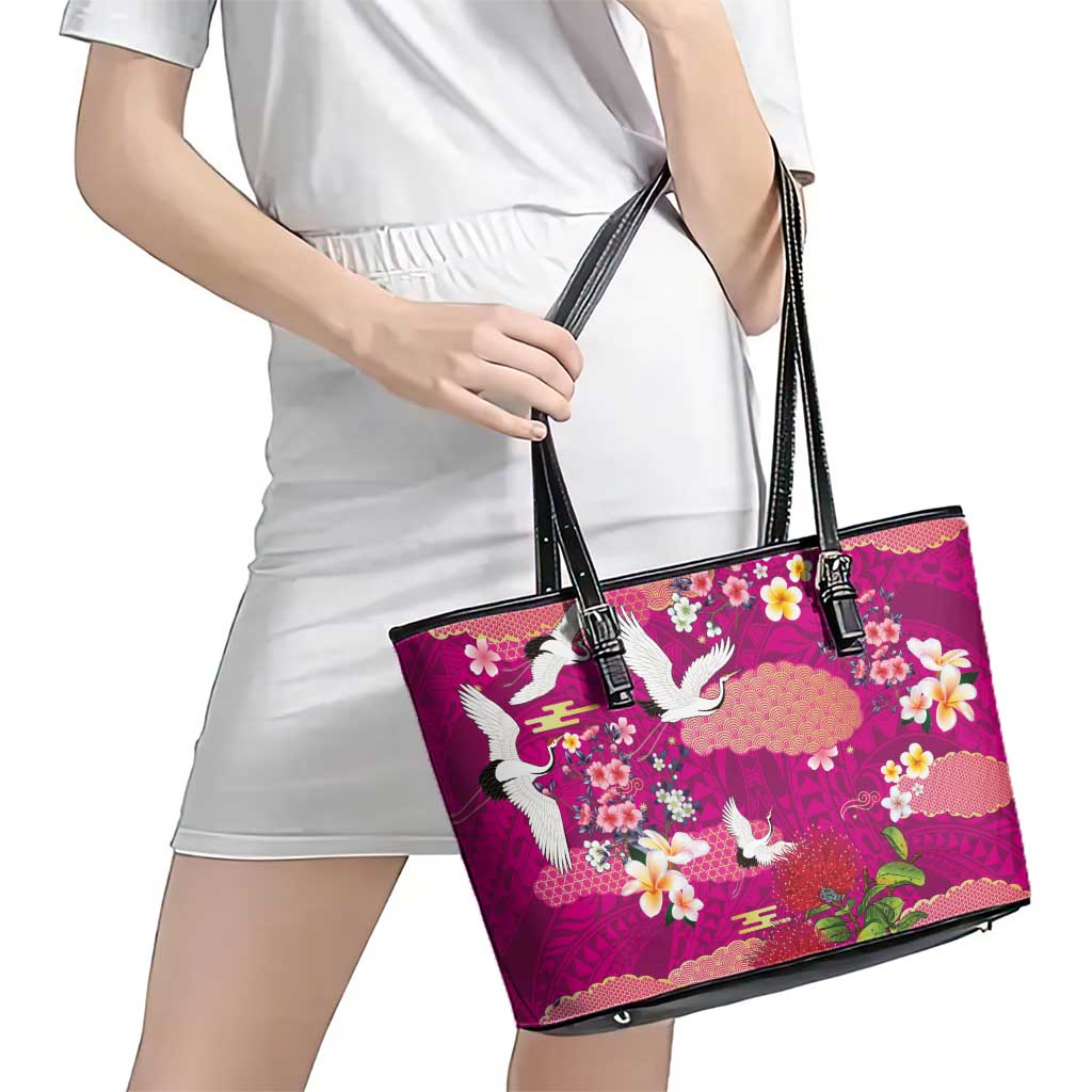Hawaiian and Japanese Culture Together Leather Tote Bag Pink Ohia Lehua Plumeria and Sakura Blooming - Polynesian Pride