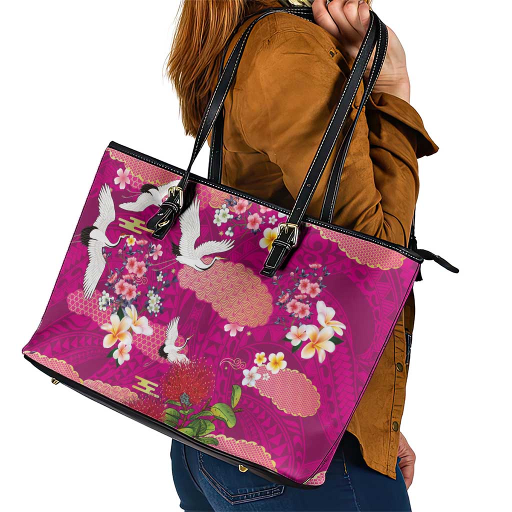 Hawaiian and Japanese Culture Together Leather Tote Bag Pink Ohia Lehua Plumeria and Sakura Blooming - Polynesian Pride