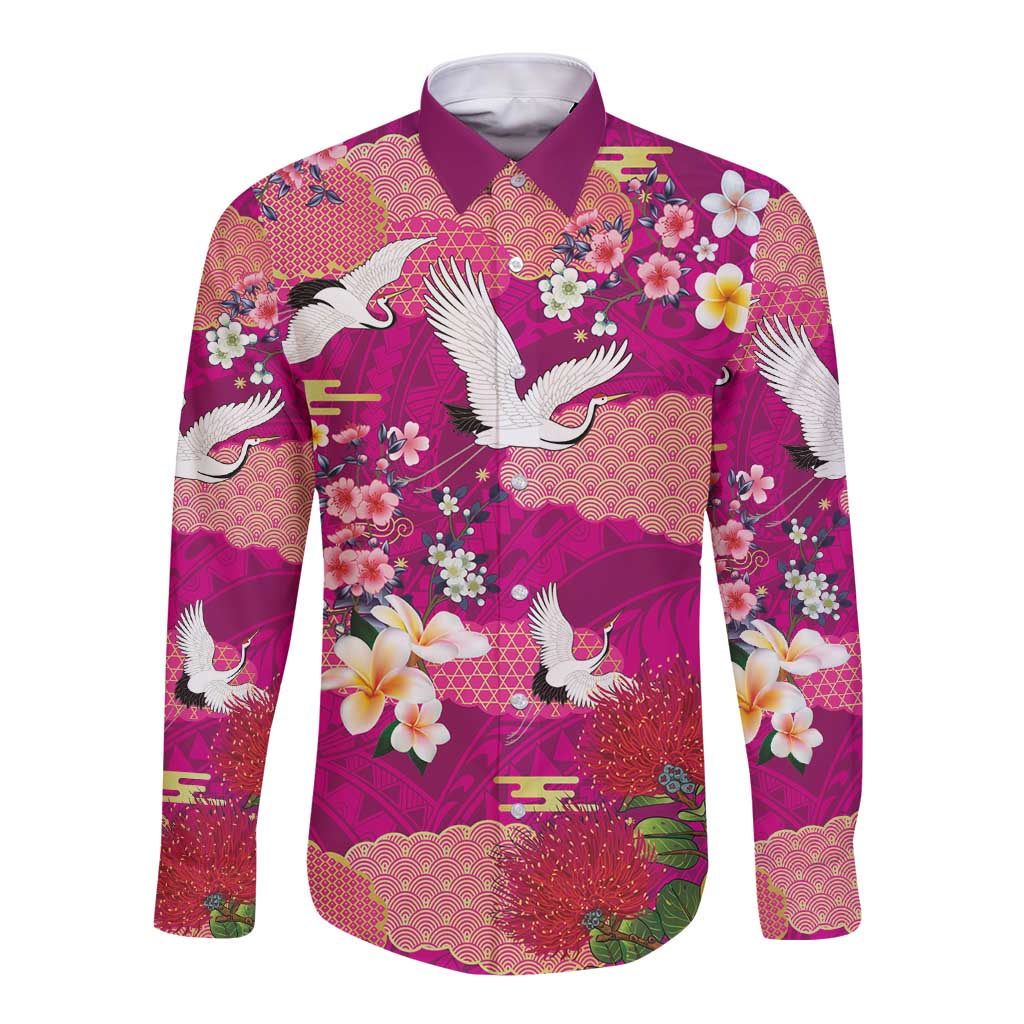 Hawaiian and Japanese Culture Together Long Sleeve Button Shirt Pink Ohia Lehua Plumeria and Sakura Blooming - Polynesian Pride