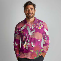 Hawaiian and Japanese Culture Together Long Sleeve Polo Shirt Pink Ohia Lehua Plumeria and Sakura Blooming - Polynesian Pride