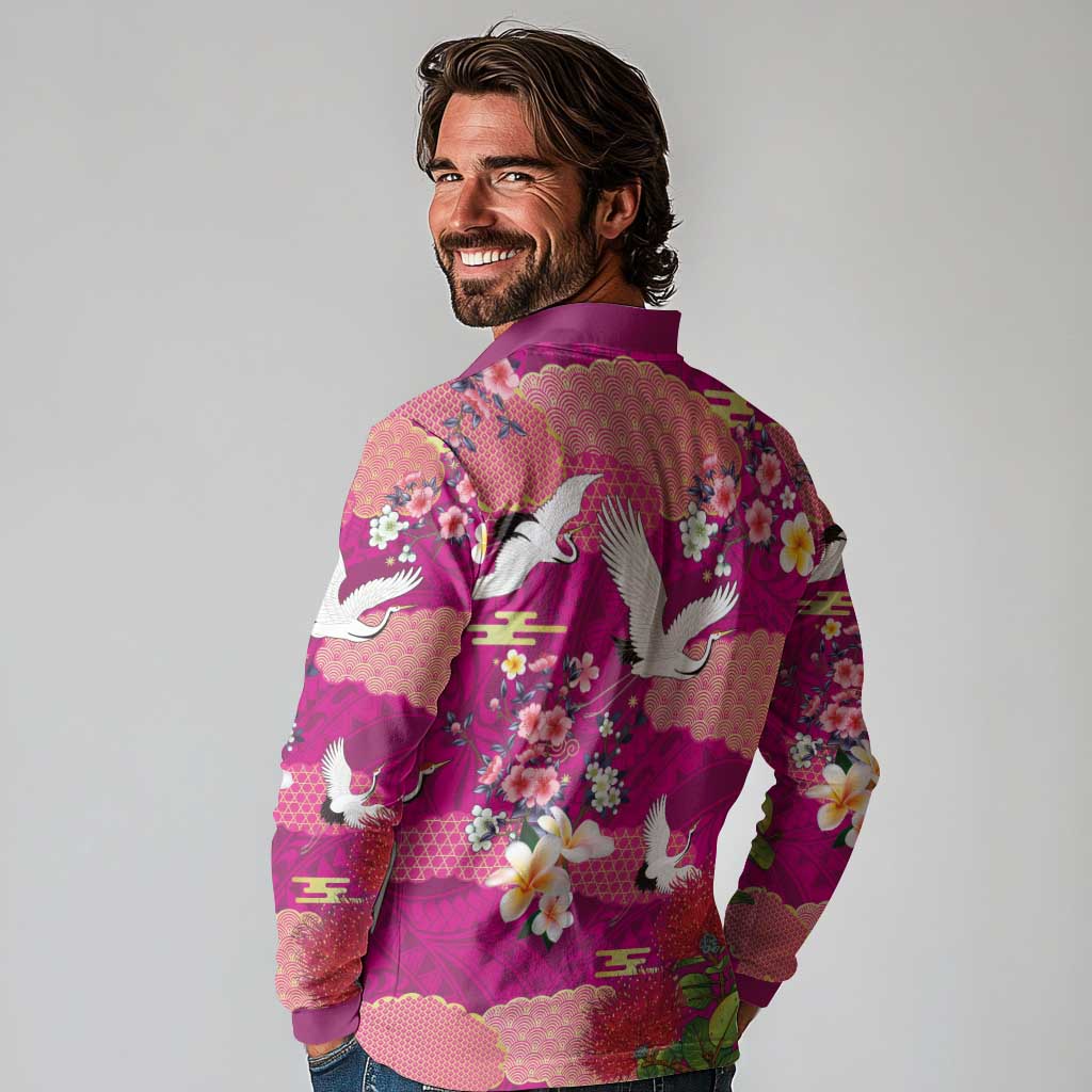 Hawaiian and Japanese Culture Together Long Sleeve Polo Shirt Pink Ohia Lehua Plumeria and Sakura Blooming - Polynesian Pride