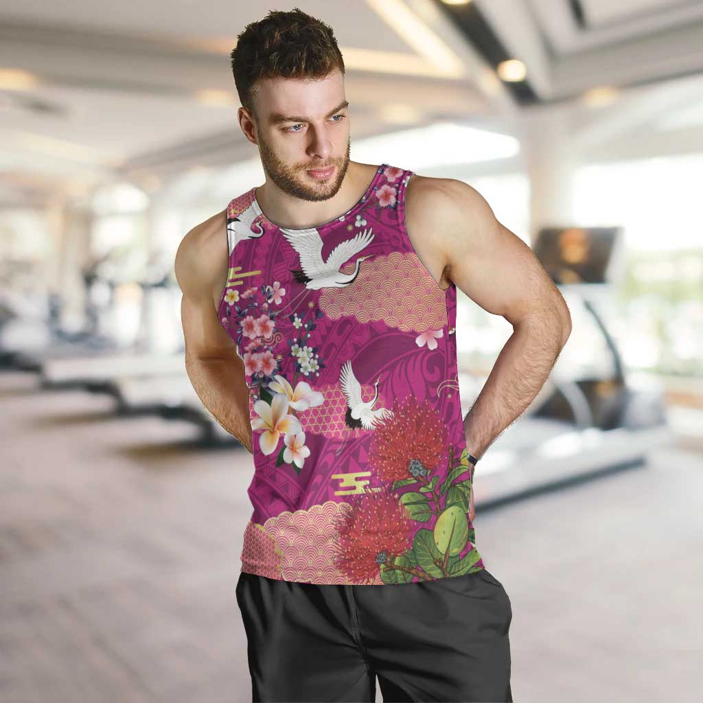 Hawaiian and Japanese Culture Together Men Tank Top Pink Ohia Lehua Plumeria and Sakura Blooming - Polynesian Pride