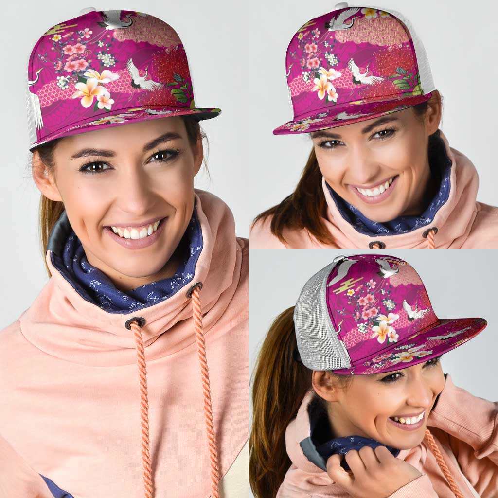 Hawaiian and Japanese Culture Together Mesh Trucker Cap Pink Ohia Lehua Plumeria and Sakura Blooming - Polynesian Pride
