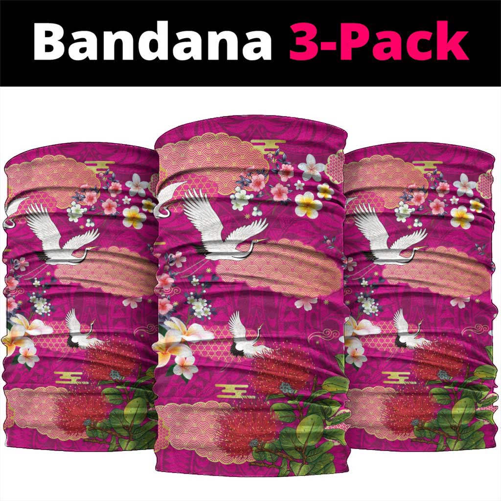 Hawaiian and Japanese Culture Together Neck Gaiter Pink Ohia Lehua Plumeria and Sakura Blooming - Polynesian Pride
