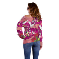 Hawaiian and Japanese Culture Together Off Shoulder Sweater Pink Ohia Lehua Plumeria and Sakura Blooming - Polynesian Pride