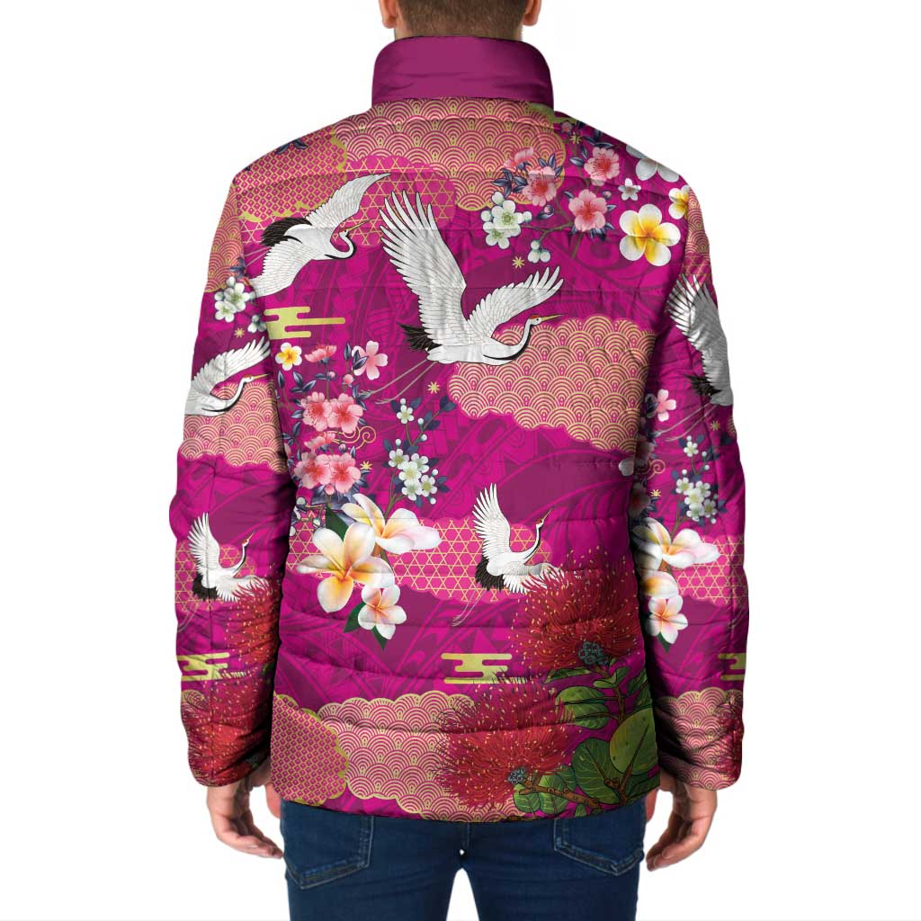 Hawaiian and Japanese Culture Together Padded Jacket Pink Ohia Lehua Plumeria and Sakura Blooming - Polynesian Pride