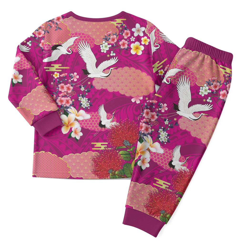 Hawaiian and Japanese Culture Together Christmas Pajama Set Pink Ohia Lehua Plumeria and Sakura Blooming - Polynesian Pride