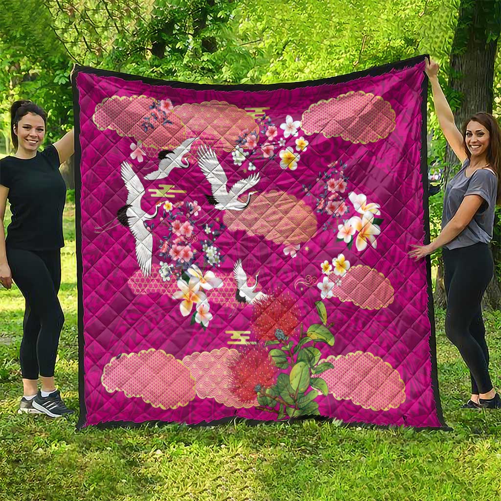 Hawaiian and Japanese Culture Together Quilt Pink Ohia Lehua Plumeria and Sakura Blooming - Polynesian Pride