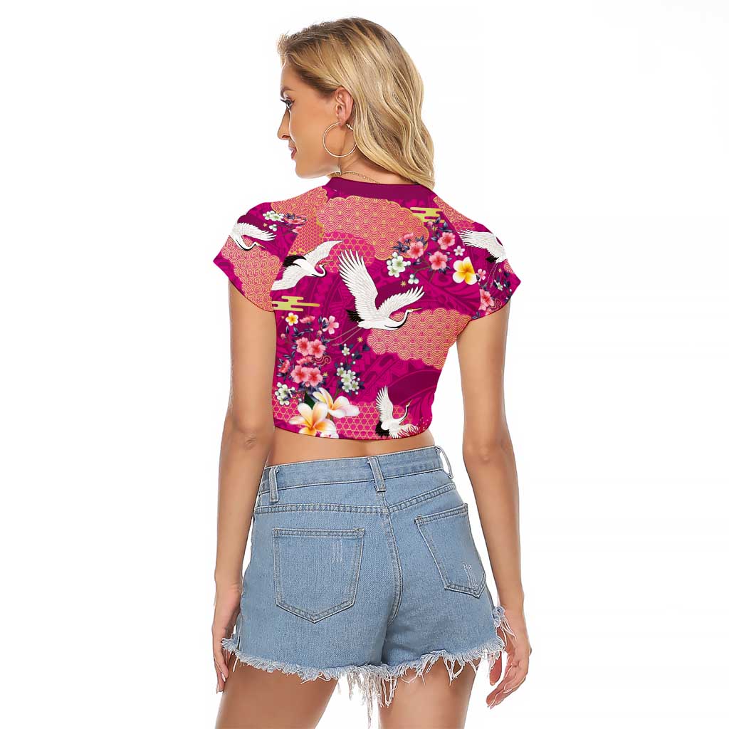 Hawaiian and Japanese Culture Together Raglan Cropped T Shirt Pink Ohia Lehua Plumeria and Sakura Blooming - Polynesian Pride