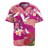 Hawaiian and Japanese Culture Together Rugby Jersey Pink Ohia Lehua Plumeria and Sakura Blooming - Polynesian Pride