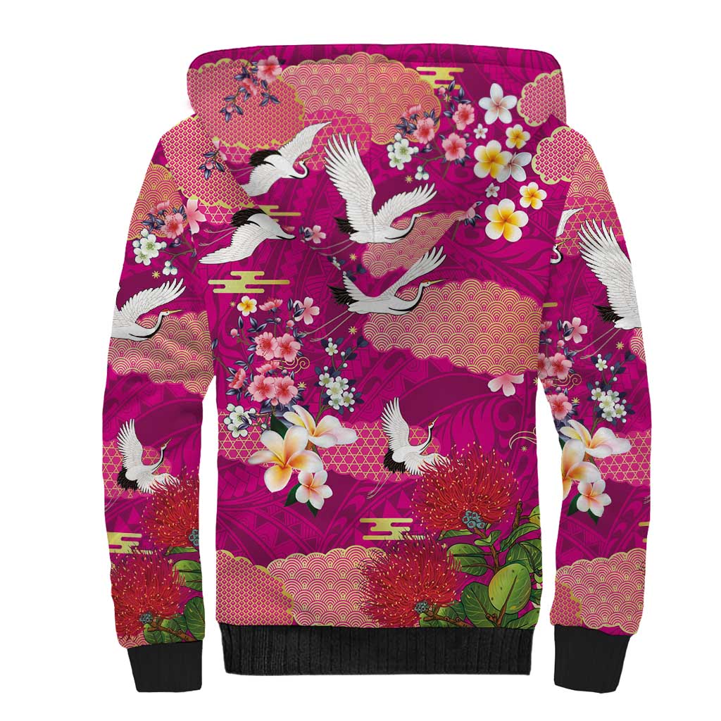 Hawaiian and Japanese Culture Together Sherpa Hoodie Pink Ohia Lehua Plumeria and Sakura Blooming - Polynesian Pride