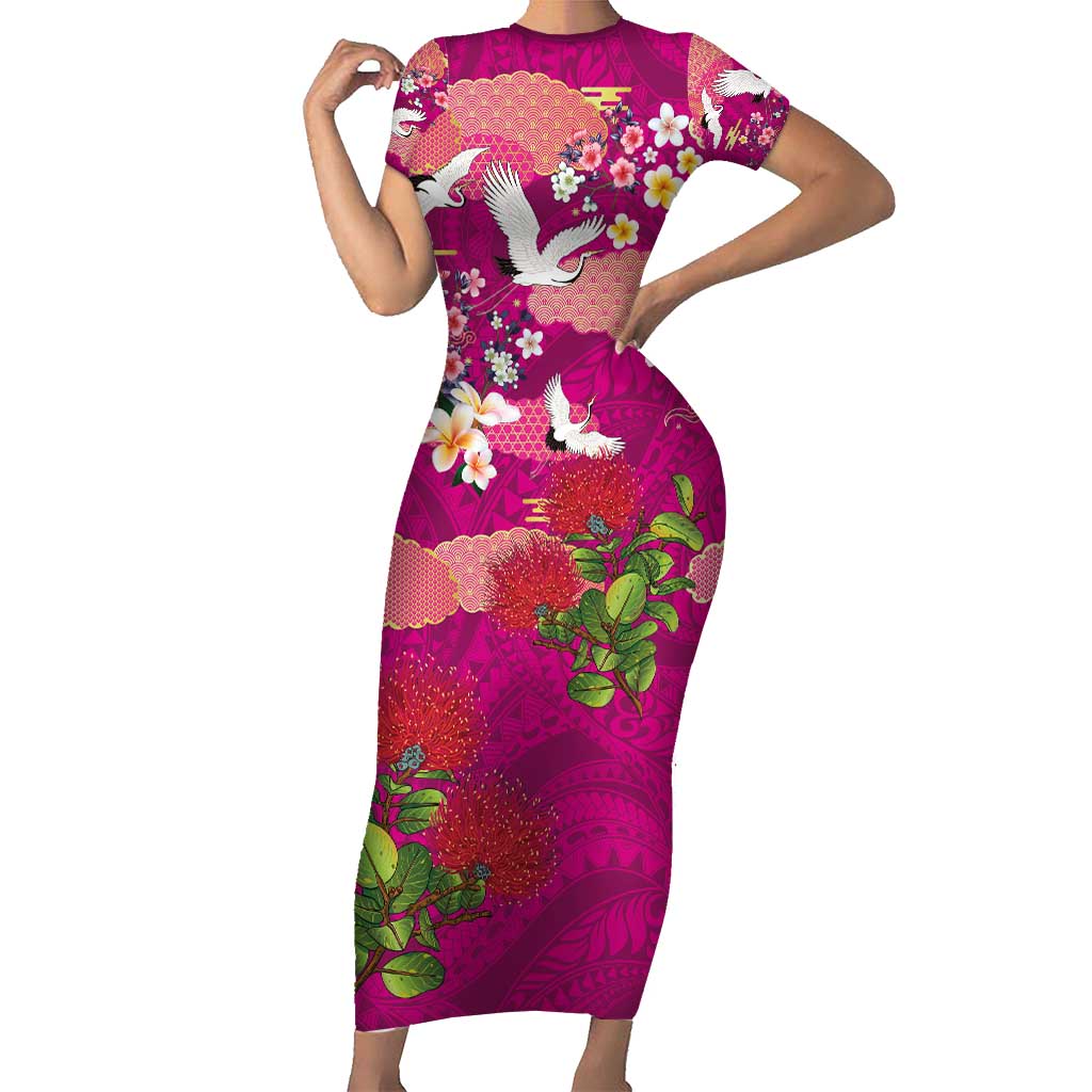 Hawaiian and Japanese Culture Together Short Sleeve Bodycon Dress Pink Ohia Lehua Plumeria and Sakura Blooming - Polynesian Pride