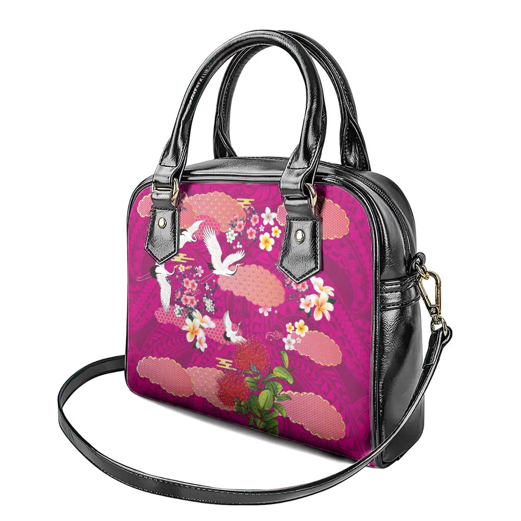 Hawaiian and Japanese Culture Together Shoulder Handbag Pink Ohia Lehua Plumeria and Sakura Blooming - Polynesian Pride