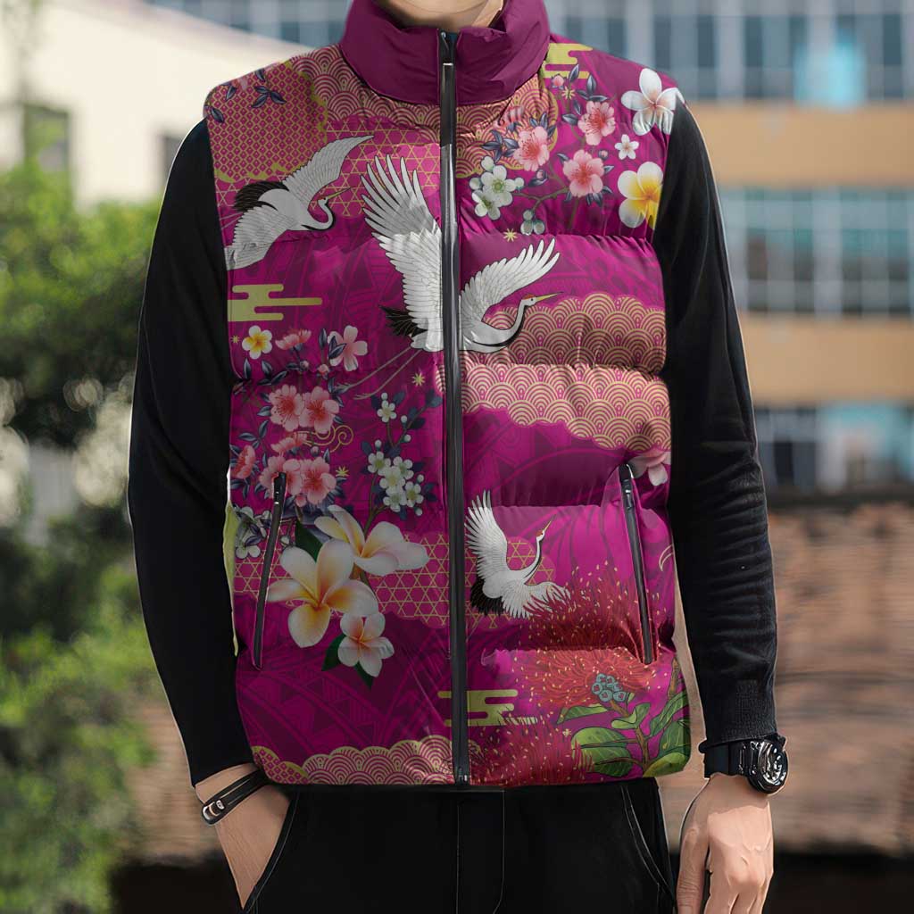 Hawaiian and Japanese Culture Together Sleeveless Puffer Jacket Pink Ohia Lehua Plumeria and Sakura Blooming - Polynesian Pride