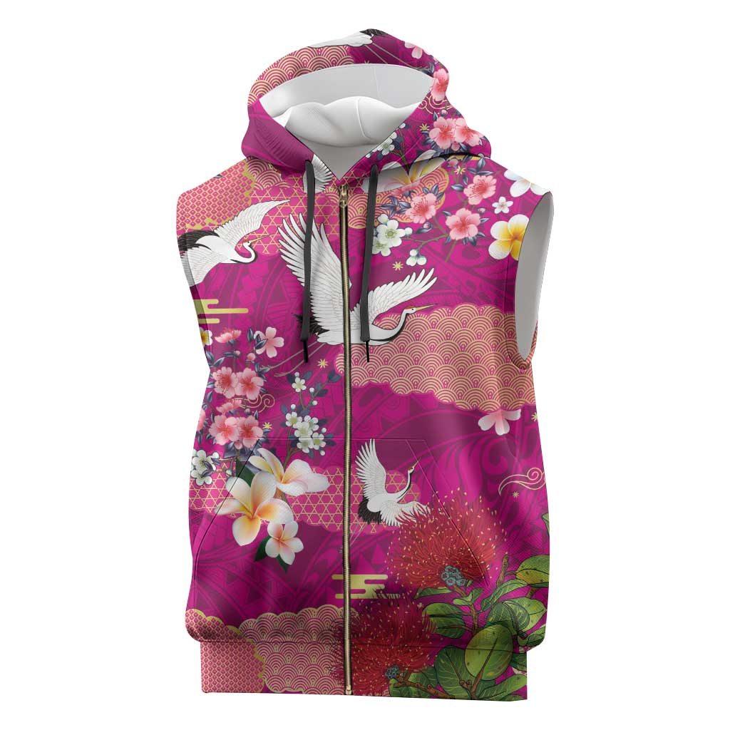 Hawaiian and Japanese Culture Together Sleeveless Zip Hoodie Pink Ohia Lehua Plumeria and Sakura Blooming - Polynesian Pride