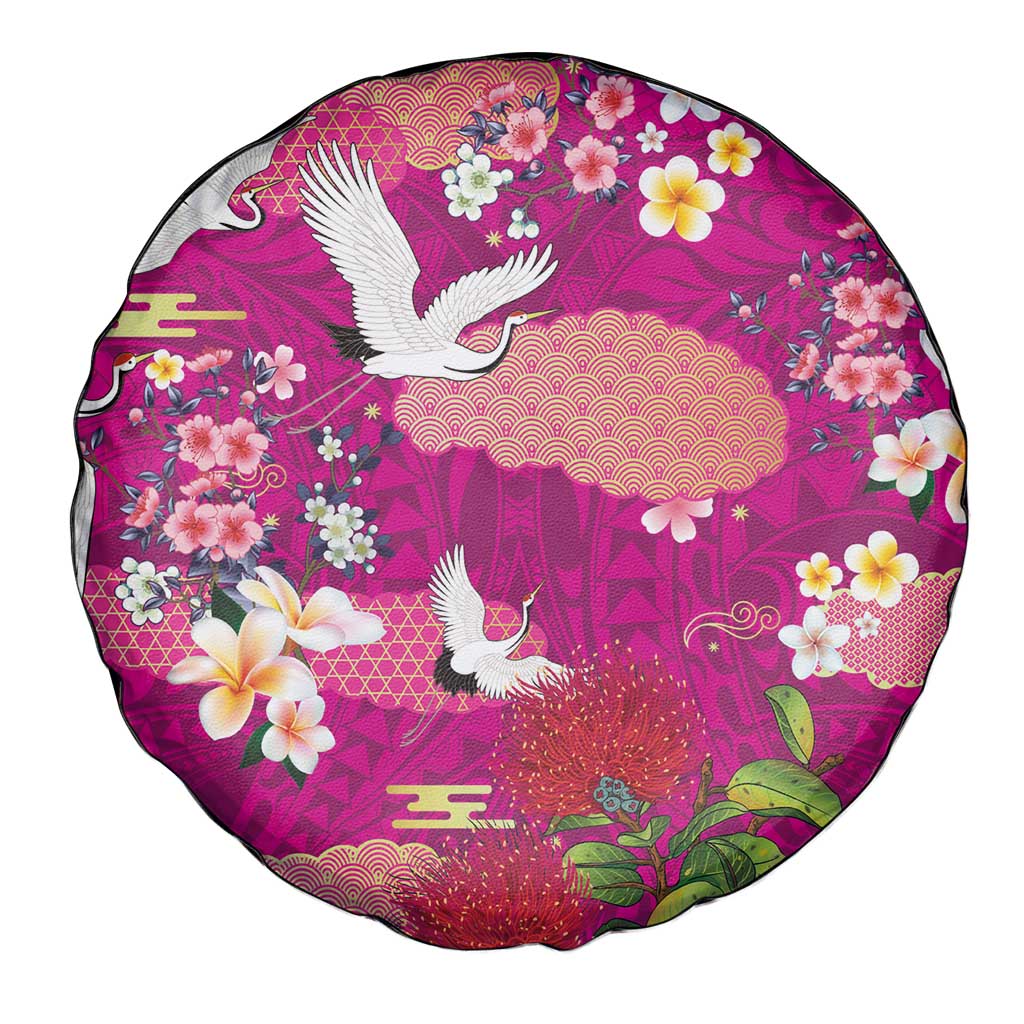 Hawaiian and Japanese Culture Together Spare Tire Cover Pink Ohia Lehua Plumeria and Sakura Blooming - Polynesian Pride
