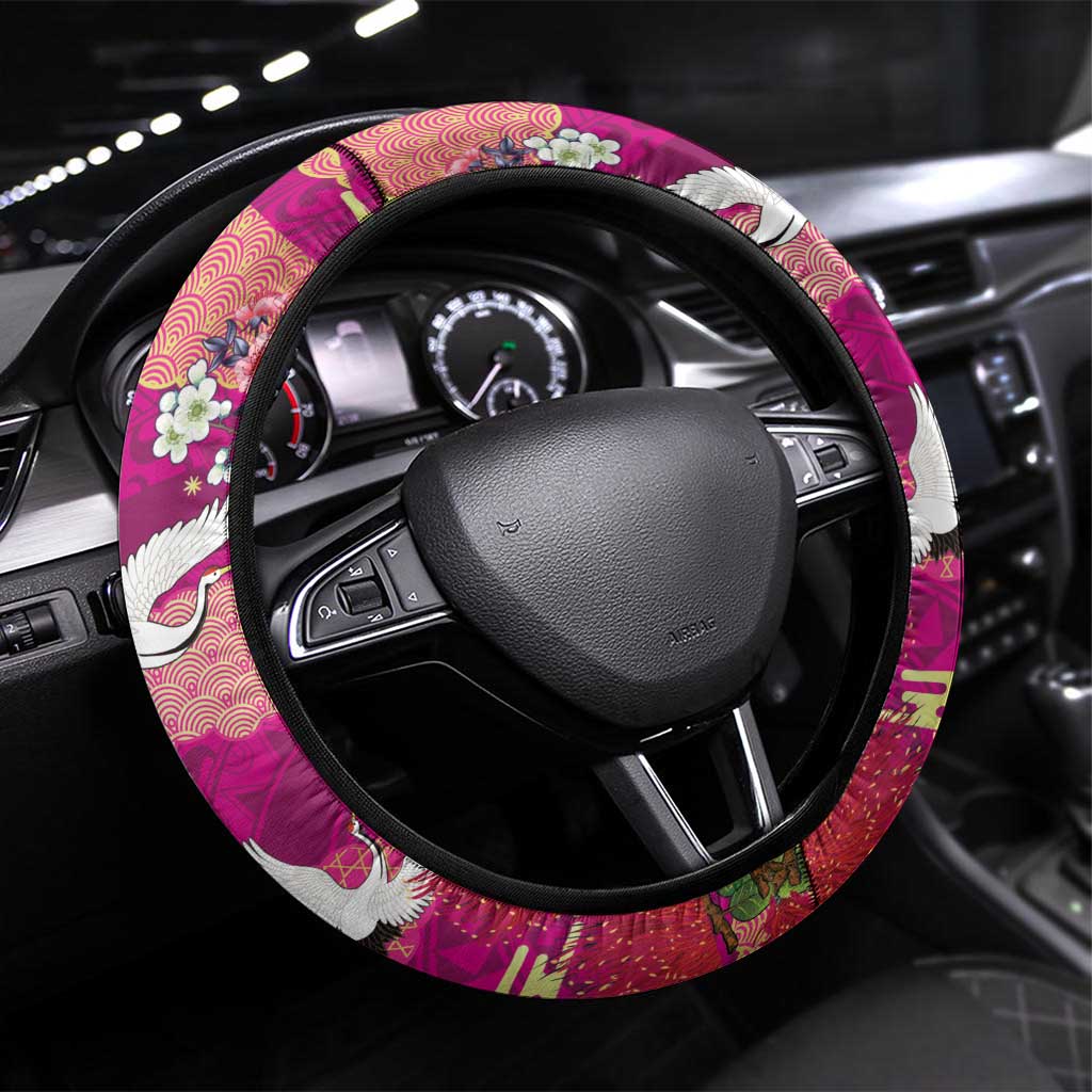 Hawaiian and Japanese Culture Together Steering Wheel Cover Pink Ohia Lehua Plumeria and Sakura Blooming - Polynesian Pride