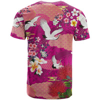 Hawaiian and Japanese Culture Together T Shirt Pink Ohia Lehua Plumeria and Sakura Blooming - Polynesian Pride