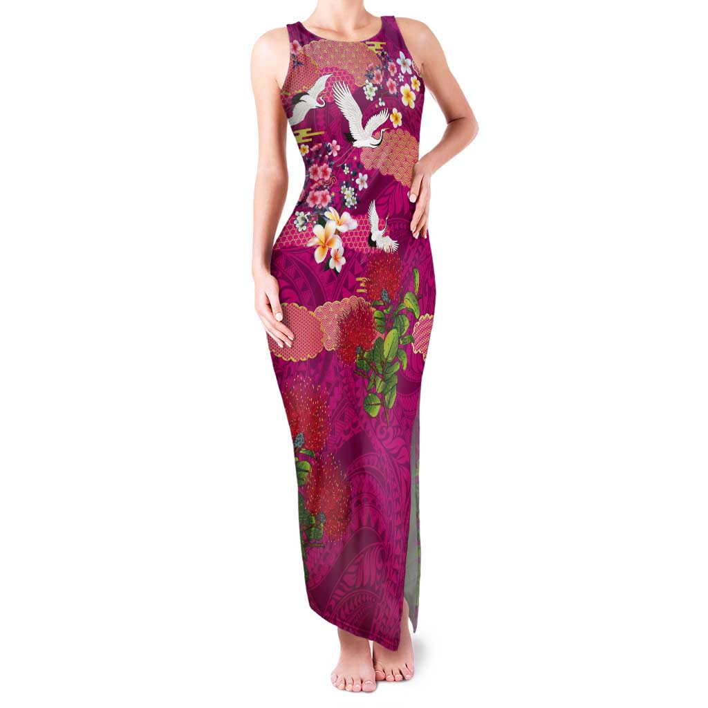 Hawaiian and Japanese Culture Together Tank Maxi Dress Pink Ohia Lehua Plumeria and Sakura Blooming LT03 Women Pink - Polynesian Pride