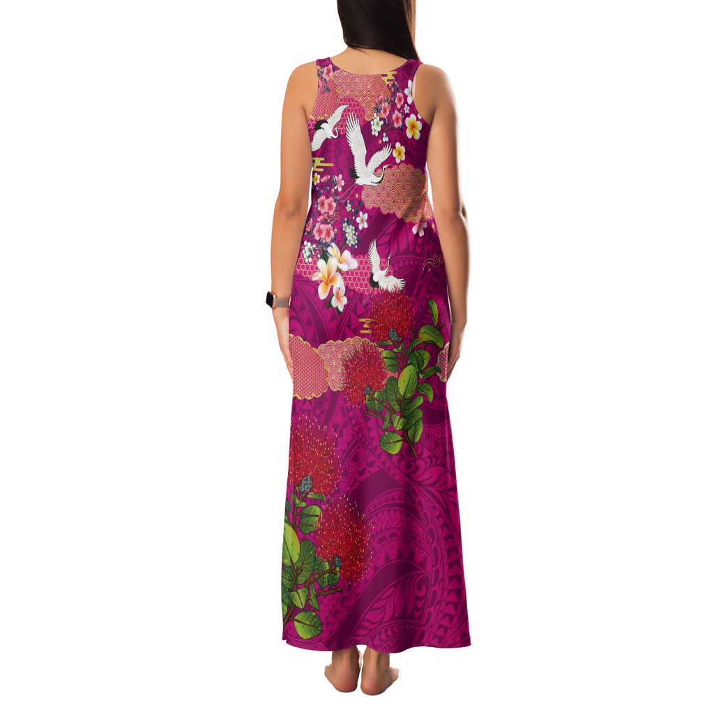 Hawaiian and Japanese Culture Together Tank Maxi Dress Pink Ohia Lehua Plumeria and Sakura Blooming LT03 - Polynesian Pride