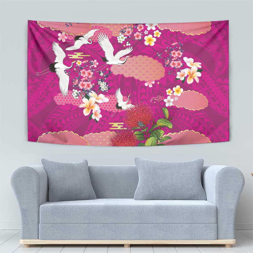 Hawaiian and Japanese Culture Together Tapestry Pink Ohia Lehua Plumeria and Sakura Blooming - Polynesian Pride