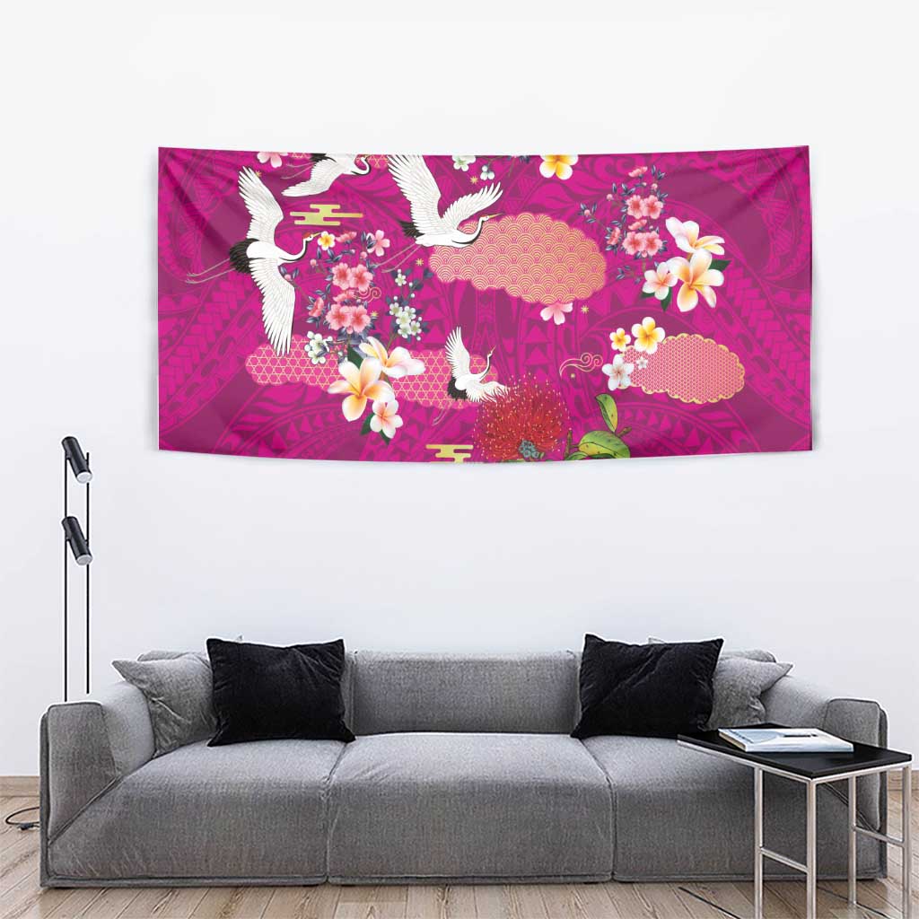 Hawaiian and Japanese Culture Together Tapestry Pink Ohia Lehua Plumeria and Sakura Blooming - Polynesian Pride