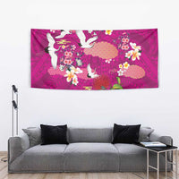 Hawaiian and Japanese Culture Together Tapestry Pink Ohia Lehua Plumeria and Sakura Blooming - Polynesian Pride