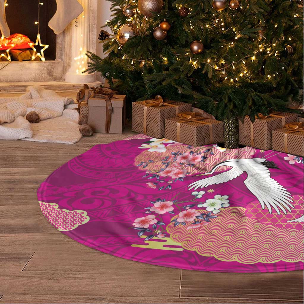 Hawaiian and Japanese Culture Together Tree Skirt Pink Ohia Lehua Plumeria and Sakura Blooming - Polynesian Pride