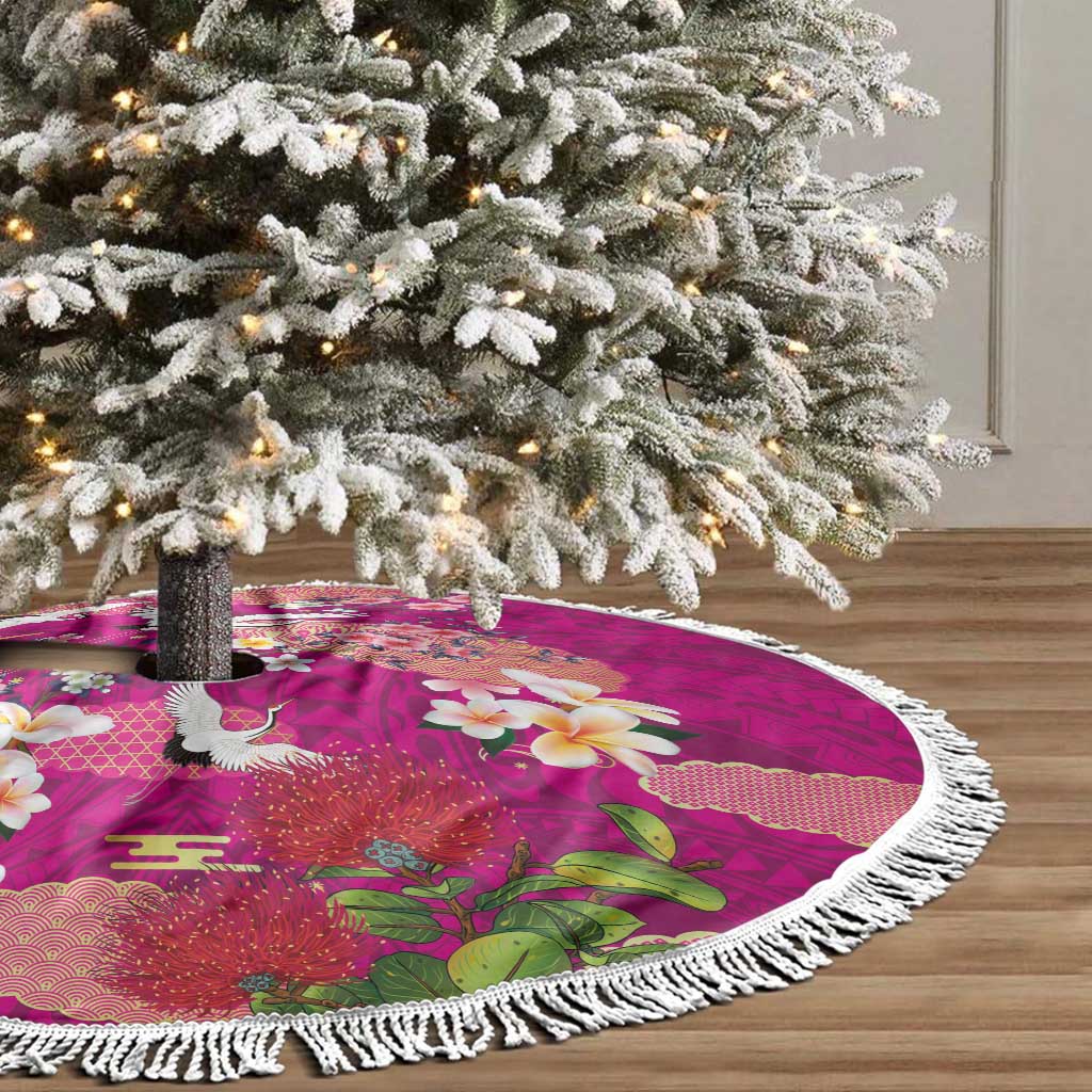 Hawaiian and Japanese Culture Together Tree Skirt Pink Ohia Lehua Plumeria and Sakura Blooming - Polynesian Pride