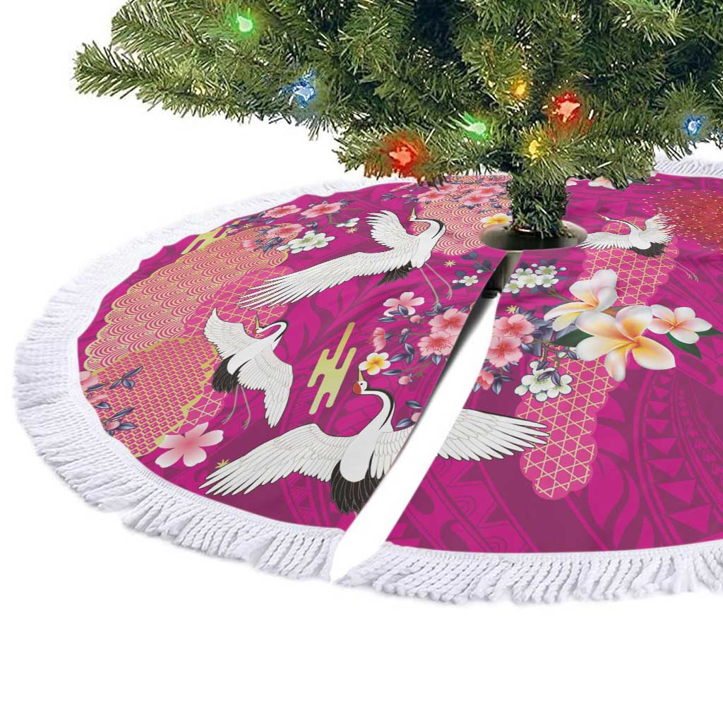 Hawaiian and Japanese Culture Together Tree Skirt Pink Ohia Lehua Plumeria and Sakura Blooming - Polynesian Pride