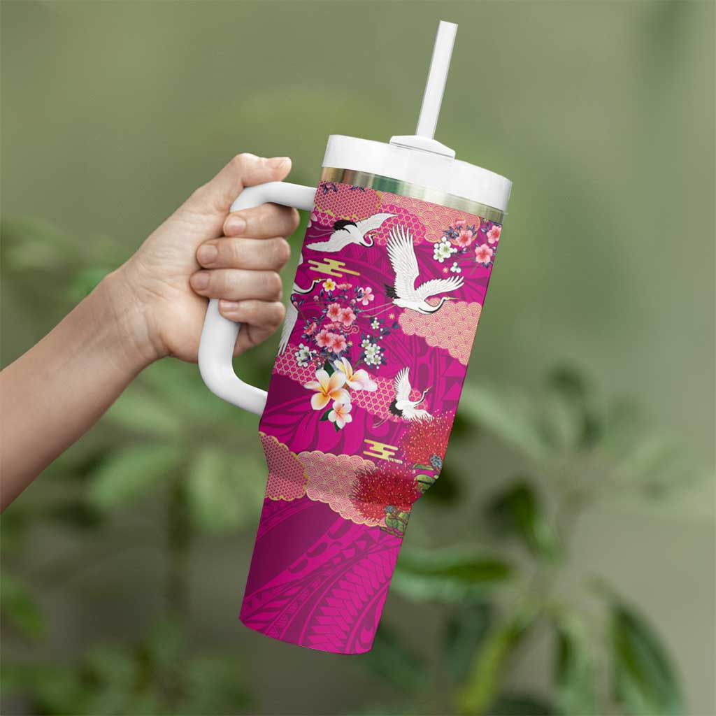 Hawaiian and Japanese Culture Together Tumbler With Handle Pink Ohia Lehua Plumeria and Sakura Blooming - Polynesian Pride