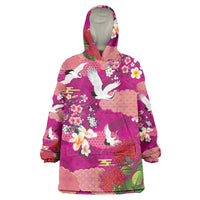 Hawaiian and Japanese Culture Together Wearable Blanket Hoodie Pink Ohia Lehua Plumeria and Sakura Blooming - Polynesian Pride
