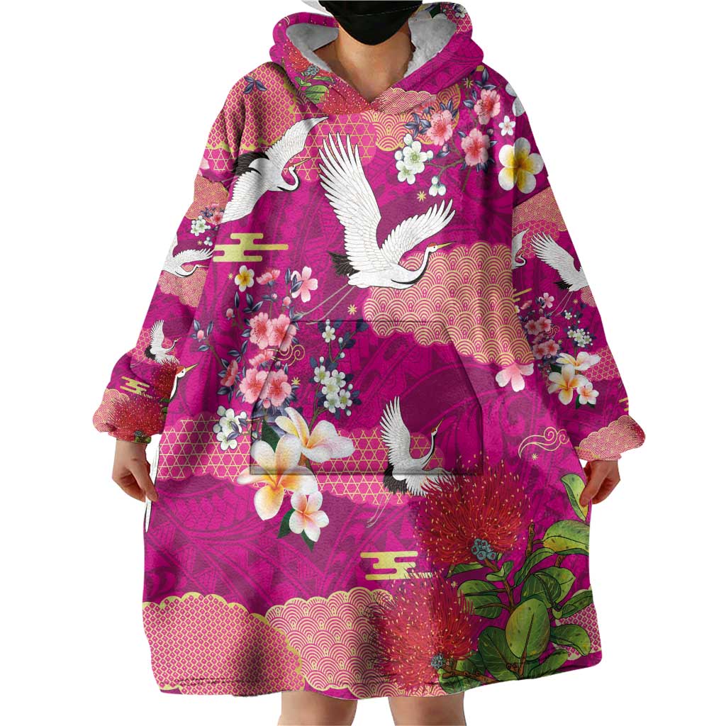 Hawaiian and Japanese Culture Together Wearable Blanket Hoodie Pink Ohia Lehua Plumeria and Sakura Blooming - Polynesian Pride