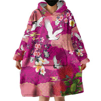 Hawaiian and Japanese Culture Together Wearable Blanket Hoodie Pink Ohia Lehua Plumeria and Sakura Blooming - Polynesian Pride