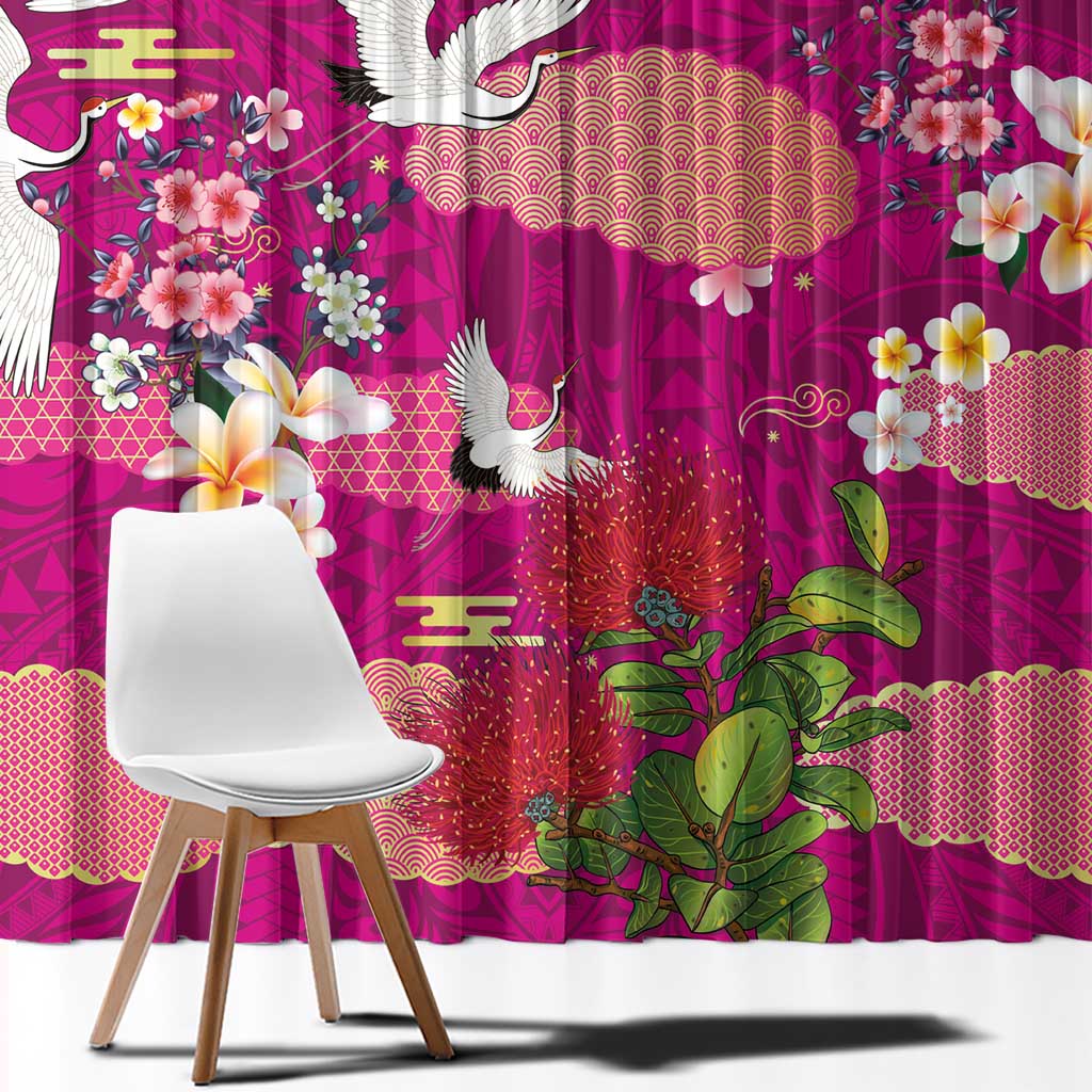 Hawaiian and Japanese Culture Together Window Curtain Pink Ohia Lehua Plumeria and Sakura Blooming - Polynesian Pride