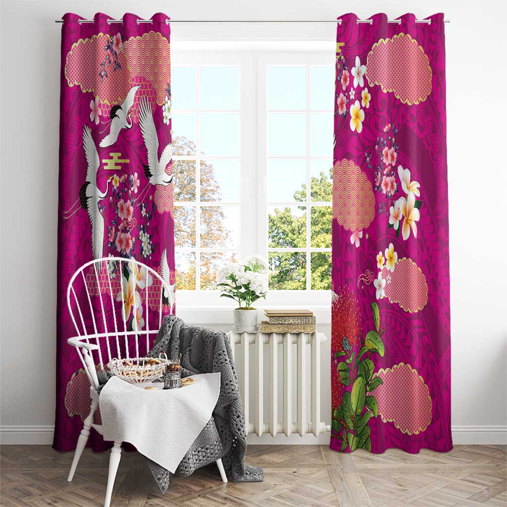 Hawaiian and Japanese Culture Together Window Curtain Pink Ohia Lehua Plumeria and Sakura Blooming - Polynesian Pride