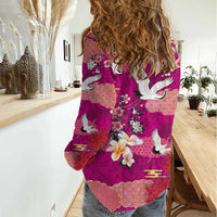 Hawaiian and Japanese Culture Together Women Casual Shirt Pink Ohia Lehua Plumeria and Sakura Blooming - Polynesian Pride