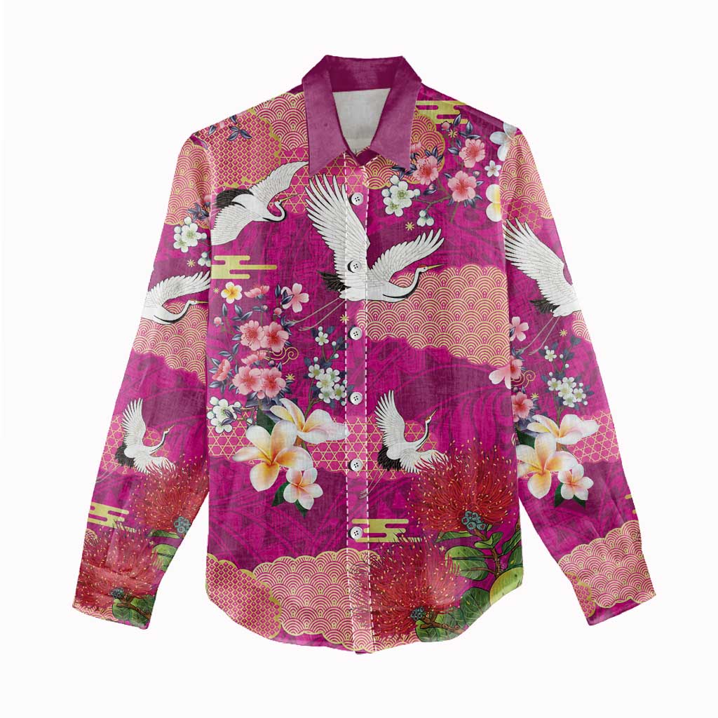 Hawaiian and Japanese Culture Together Women Casual Shirt Pink Ohia Lehua Plumeria and Sakura Blooming - Polynesian Pride